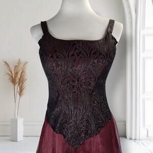 Vintage 90s Night Scene Gothic Corset Prom Dress Burgundy Brocade Formal Size 8